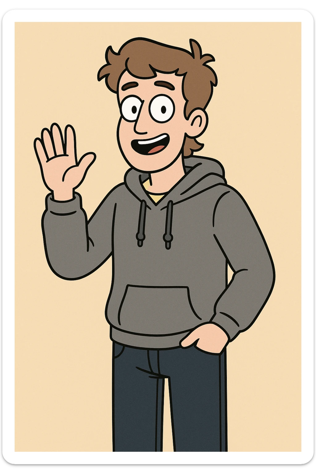 Pastel Yellow shirts Pacific Grey Hoodie dark blue jeans pockets a hand say hello sticker