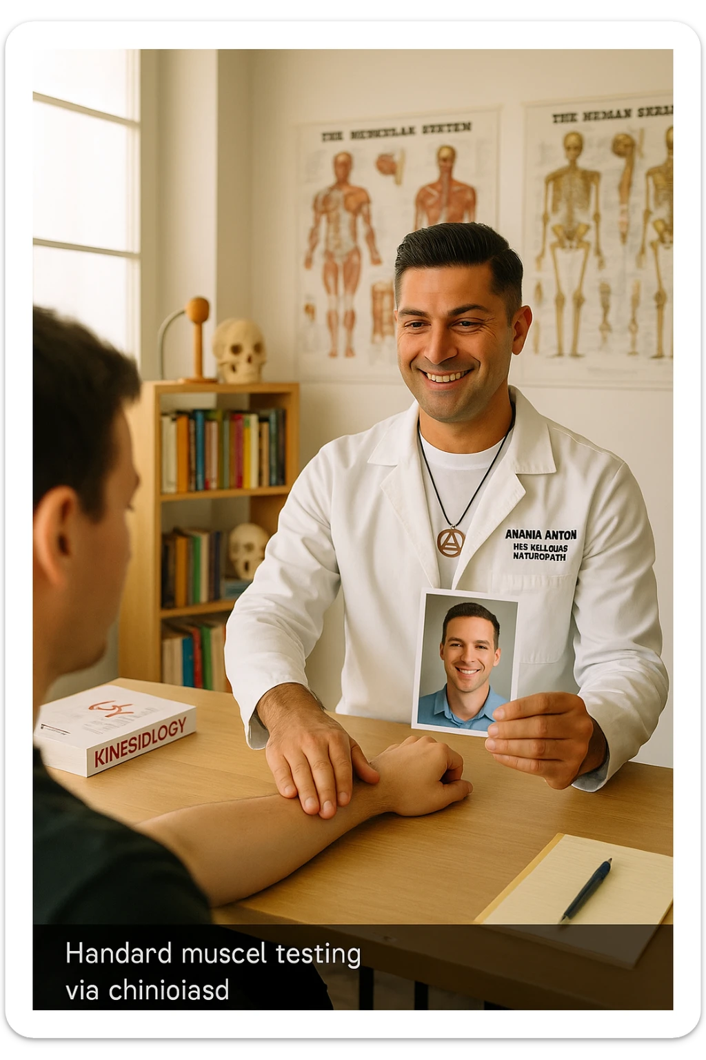 a middle-aged man, dressed in casual professional attire, is in a bright, organized therapy studio. Durante una visita di kinesiologia, il praticante tiene con una mano la foto di una persona lontana (il “testimone”) appoggiata su un tavolo, mentre con l’altra mano esegue un test muscolare su un cliente presente. Sullo sfondo si vedono libri di kinesiologia, poster anatomici e strumenti tipici della disciplina. L’atmosfera è concentrata e serena, con luce naturale che entra dalla finestra, sottolineando l’aspetto alternativo e umano della pratica. sticker