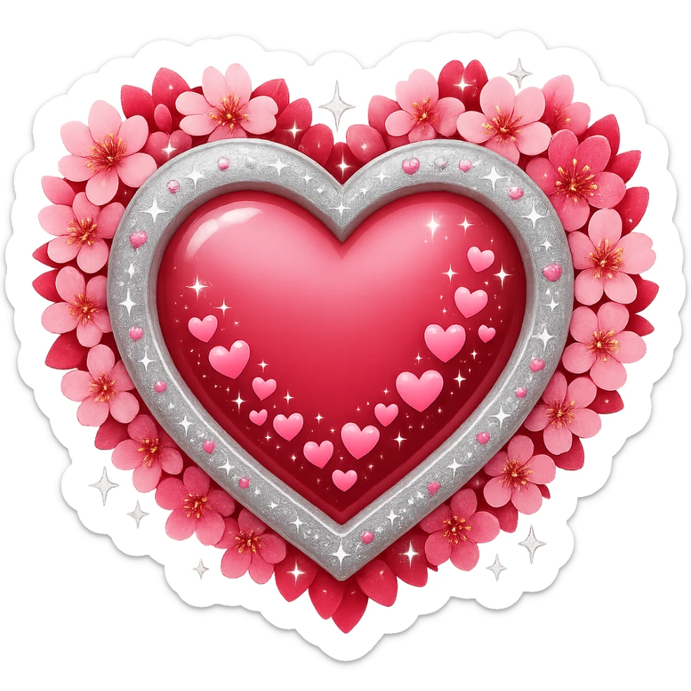Add more silver sparkles and accents to the heart surrounded by sakura petals in the style of apple emojis. Keep the style consistent with apple emoji style and ensure no background (transparent). sticker