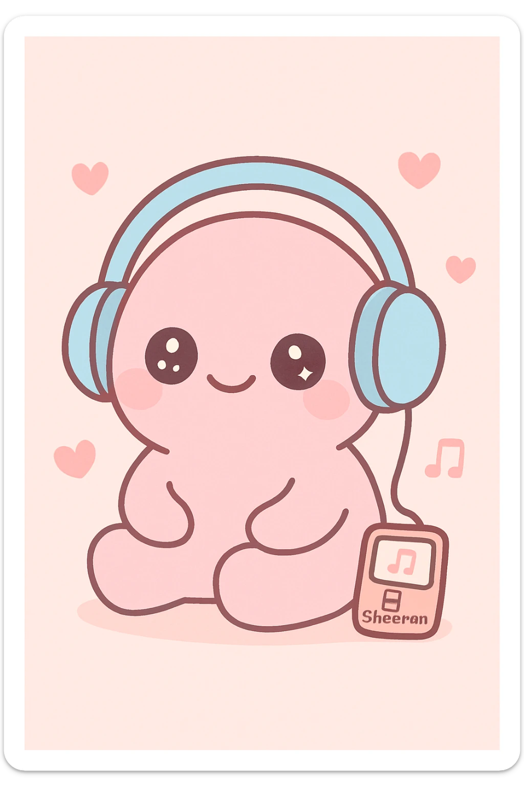 pink character listening to Ed Sheeran music, heartwarming and relaxed, kawaii style sticker