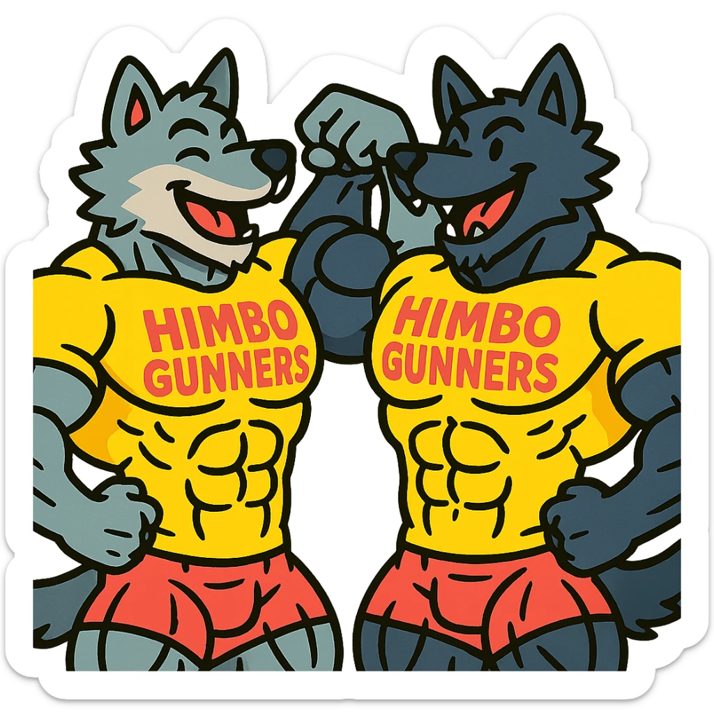 pair of ultra-muscular wolf furries wearing 'Himbo gunners' t-shirts, flexing and touching each other's biceps, cheerful and energetic, very large, defined, and detailed muscles, ultra high quality sticker