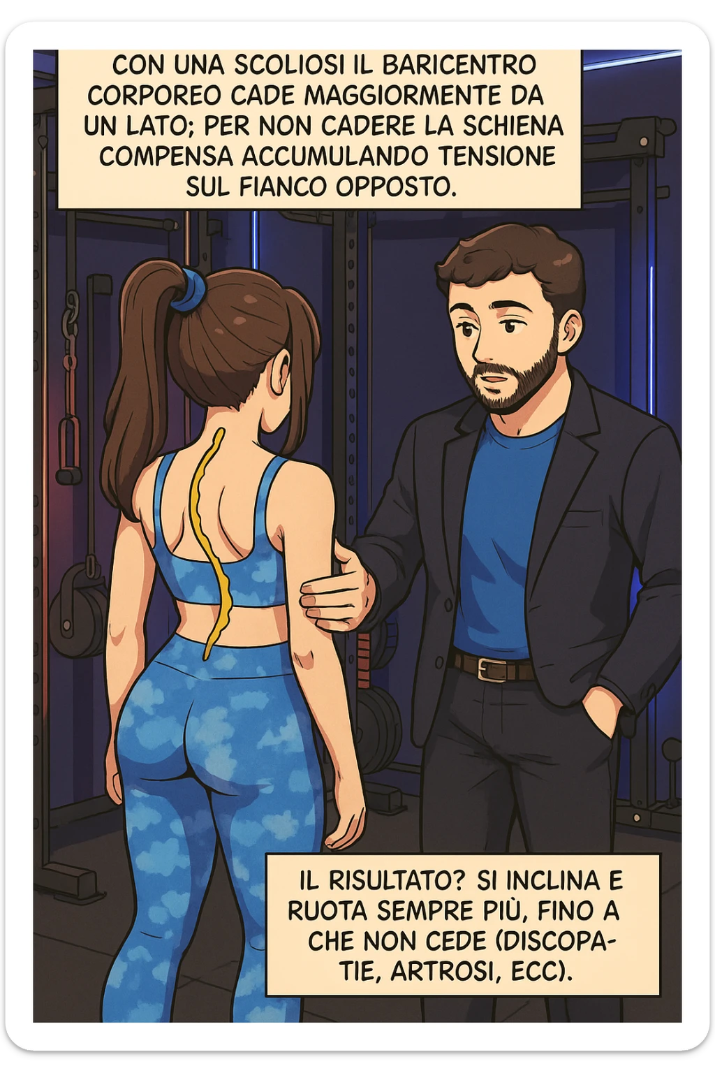 fai questa immagine in versione manga/webtoon a colori, il manga mostra la donna di spalle, mentre l'uomo le tocca la spina dorsale per spiegarle come funziona la scoliosi:
Con una scoliosi il baricentro corporeo cade maggiormente da un lato; per non cadere la schiena compensa accumulando tensione sul fianco opposto.
Il risultato? Si inclina e ruota sempre più, fino a che non cede (discopatie, artrosi, ecc) sticker