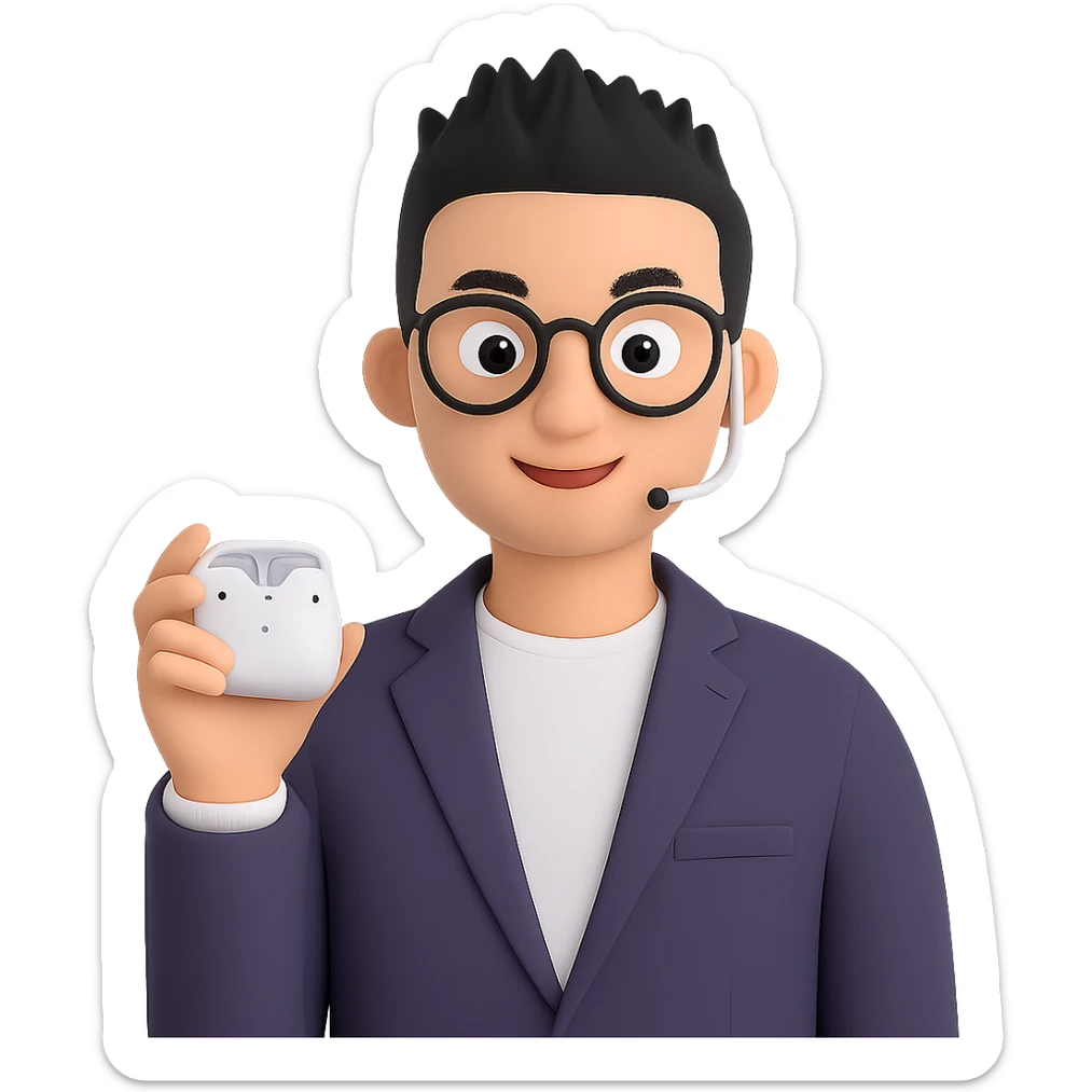 Change to a short spiky hairstyle, keeping the Memoji-style 3D cartoon look. Maintain all other features and accessories the same, with a smart casual podcast host vibe. No background. sticker