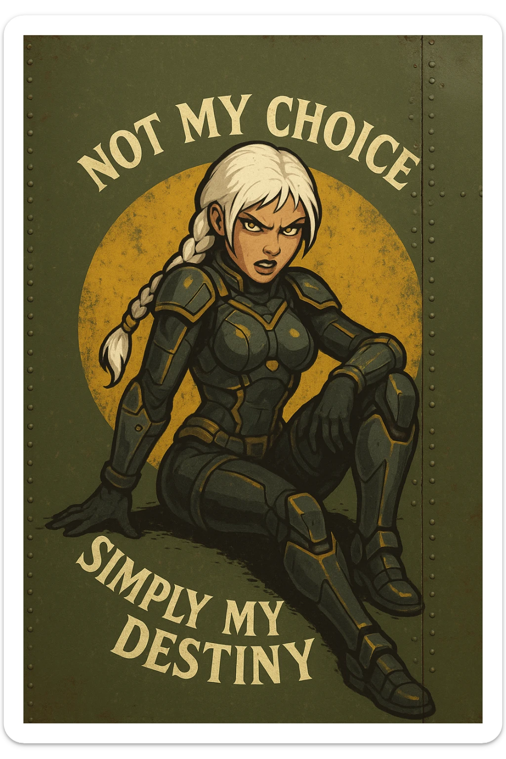 a retro military pinup fuselage decoration for the motto " not my choice, simply my destiny "
; female figure young and gorgeous, white hair 1 braid, gold yellow eyes, spacer, fierce, exo-rogue, menacing yet taunting sticker