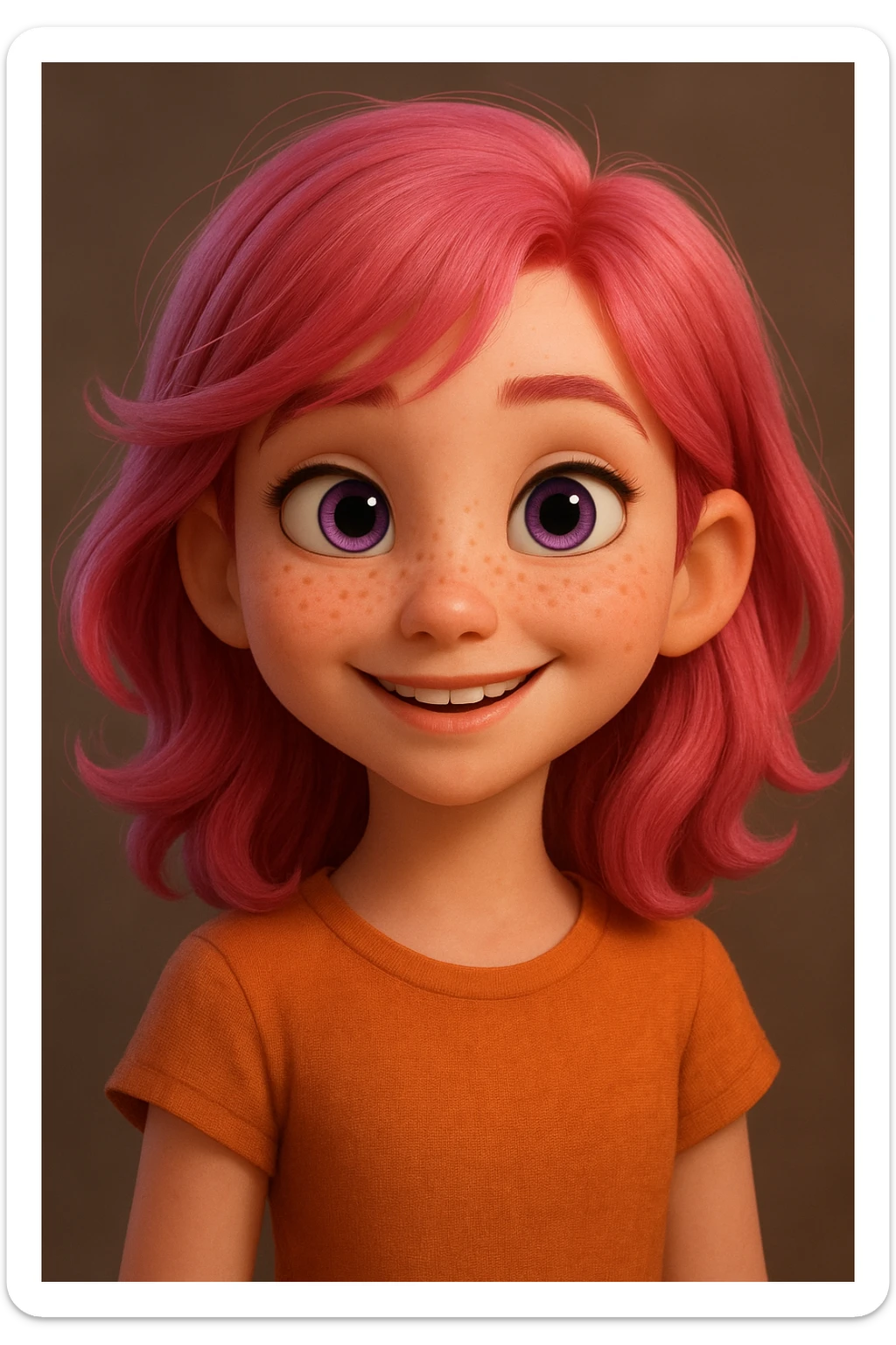 3D Disney-style girl with pink hair, purple eyes, freckles, smiling, in the style of a Disney animated movie character, referencing provided image for likeness sticker