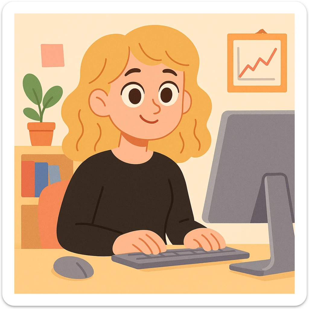 pretty brown-eyed blonde young woman with wavy hair, wearing a black sweater, working on a computer in a cozy office sticker