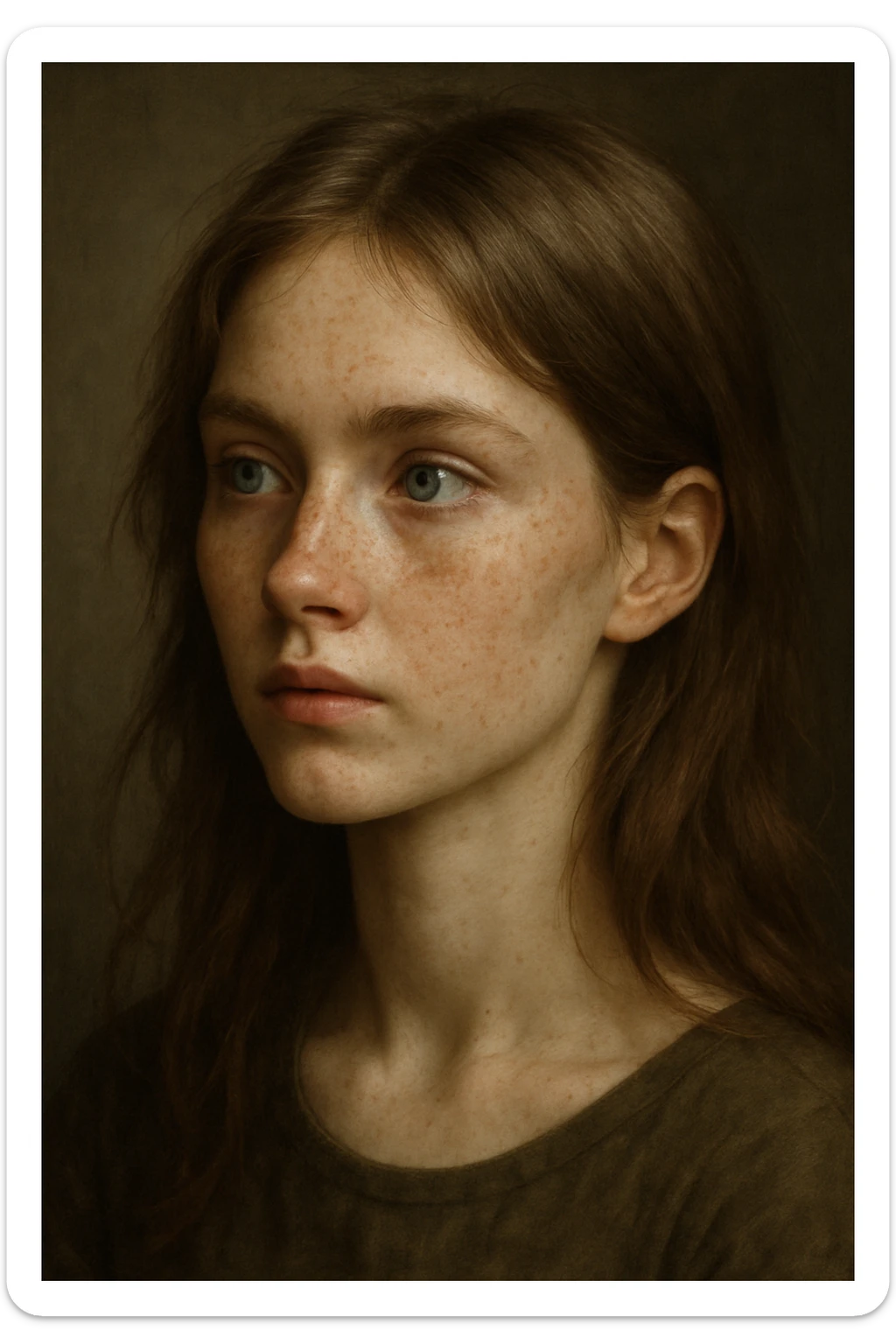 girl with dusty brown hair, sharp blue eyes, pale skin with freckles, looking to the side sticker