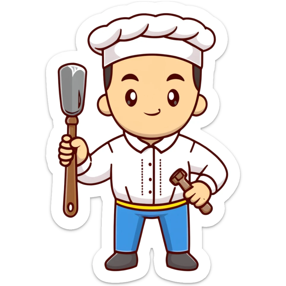 Ukrainian man wearing traditional white embroidered shirt (vyshyvanka) holding a hammer in one hand and a kitchen ladle in the other hand sticker