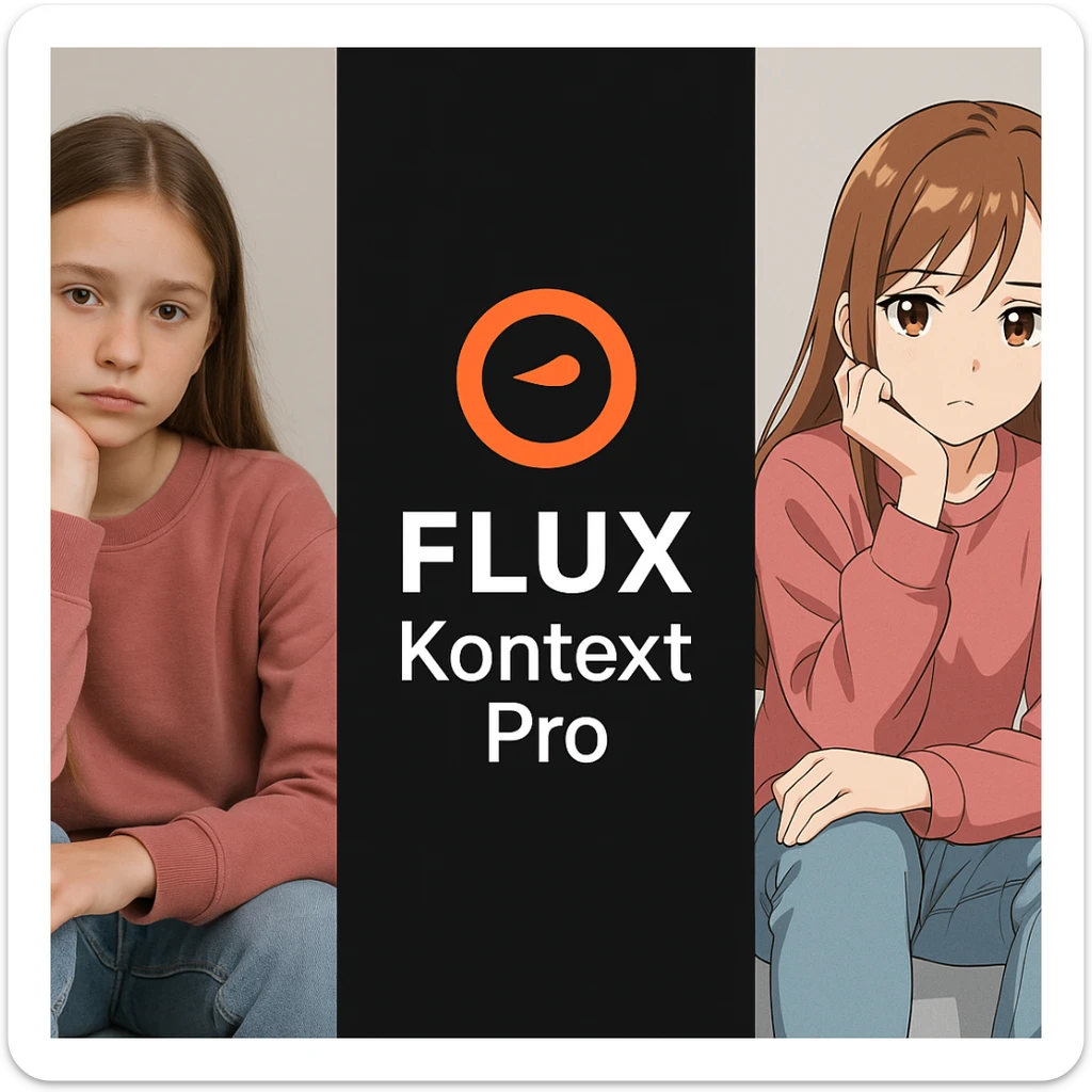 create before after image of a girl before is realsitic photo, after is anime version of her in same pose and clothes, add logo with text of a "FLUX Kontext Pro" in middle in big, black background sticker