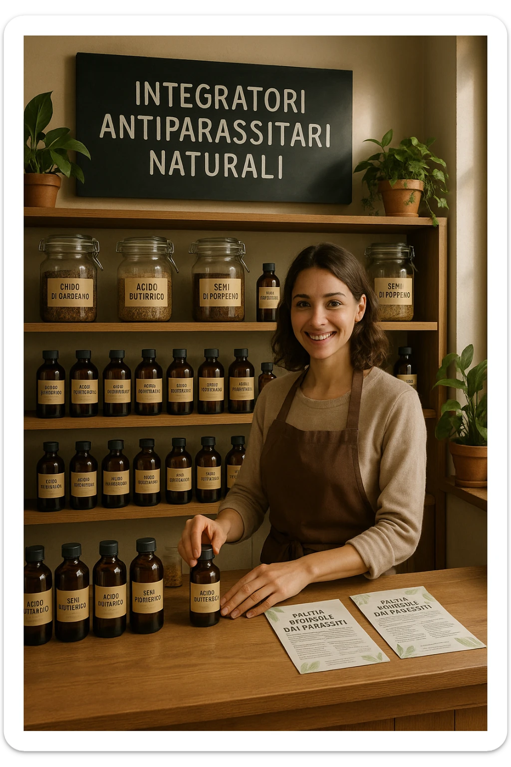 A realistic, well-lit herbal supplement store interior with wooden shelves neatly displaying glass jars and bottles labeled as ‘Chiodi di Garofano’, ‘Acido Butirrico’, and ‘Semi di Pompelmo’, organized in a clean and aesthetic manner. Small handwritten chalkboard signs indicate ‘Natural Antiparasitic Supplements’ above the section. The environment feels warm and trustworthy, with potted green plants adding freshness and a subtle sunlight entering through a window. A young shop assistant with a welcoming smile arranges the products, while informational leaflets about natural parasite cleansing are visible on a wooden counter, creating a holistic and health-conscious atmosphere in Italiano sticker