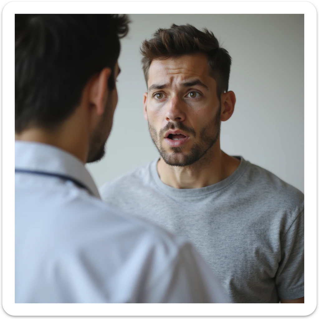 realistic 28-year-old man receiving celiac disease diagnosis from doctor, incredulous or shocked expression, clinical environment sticker