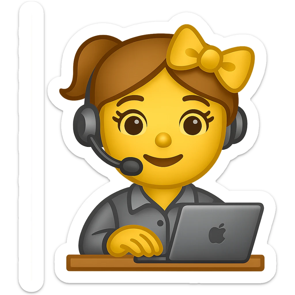 Make the recruiter robot emoji even cuter and more feminine with different hairstyles and accessories like bows or glasses. Style should be apple style, flat, and metallic. The robot is at a desk, wearing a headset, and typing on a laptop. Transparent background. sticker