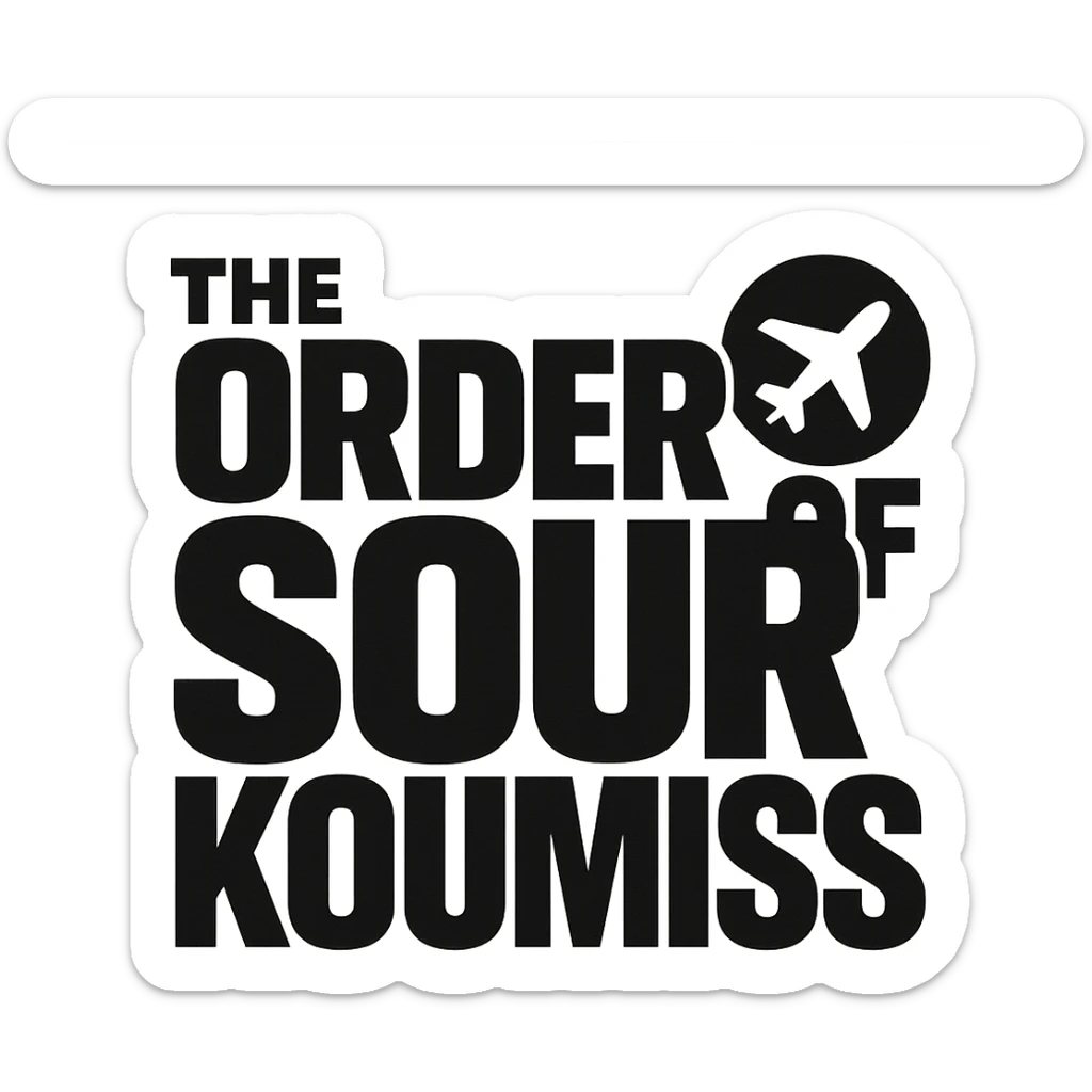 A retro 90s logo for 'The Order of Sour Koumiss' with bold typography and a subtle travel-related icon, in black and white sticker