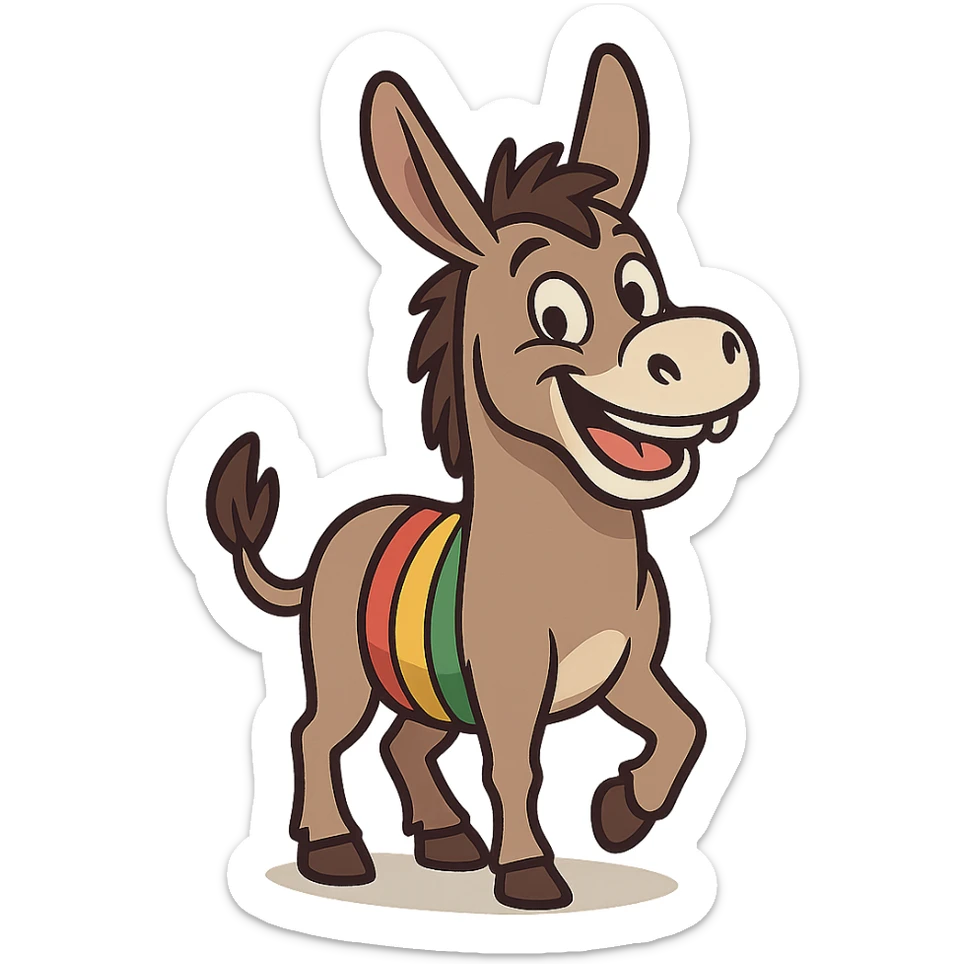 cartoon sticker of a happy colorful Kurdish donkey, no flag, no text, suitable for WhatsApp and Instagram, transparent background sticker