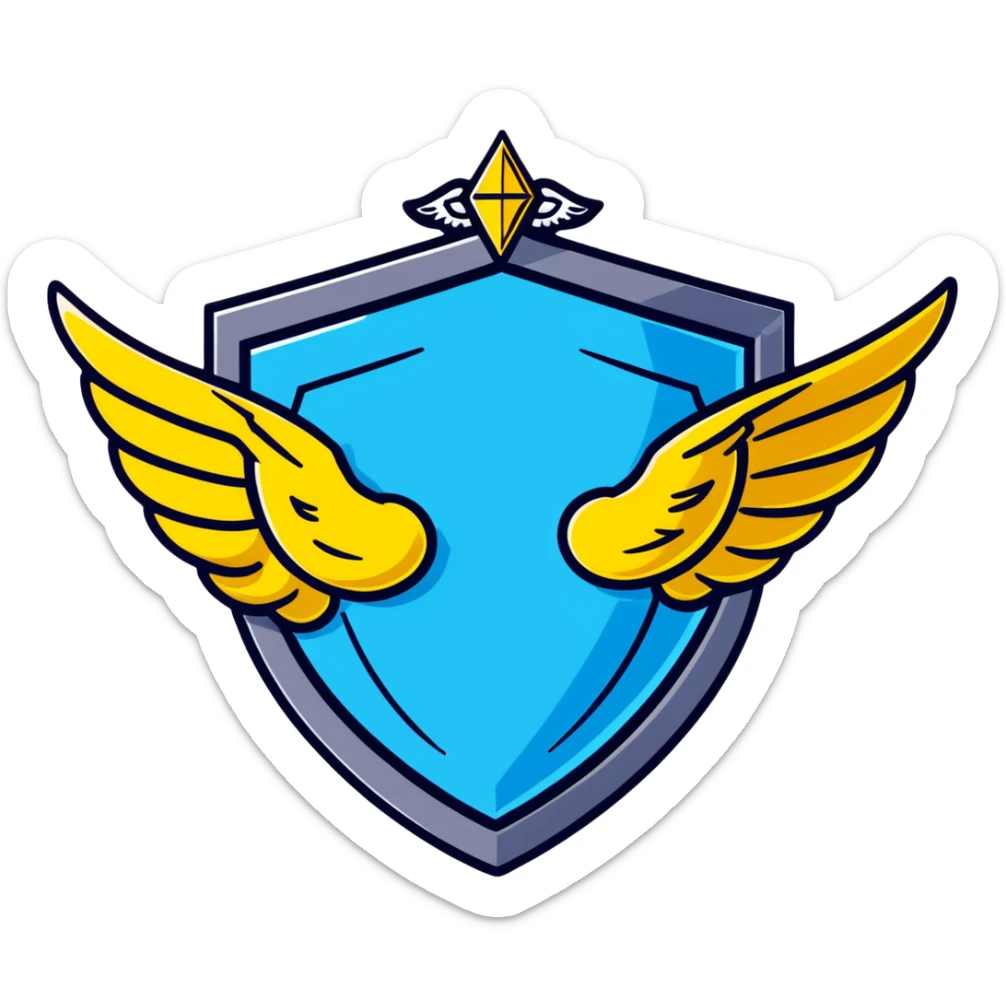 Premium shield badge with angel wings and a big shiny blue diamond in the center with VIP text sticker