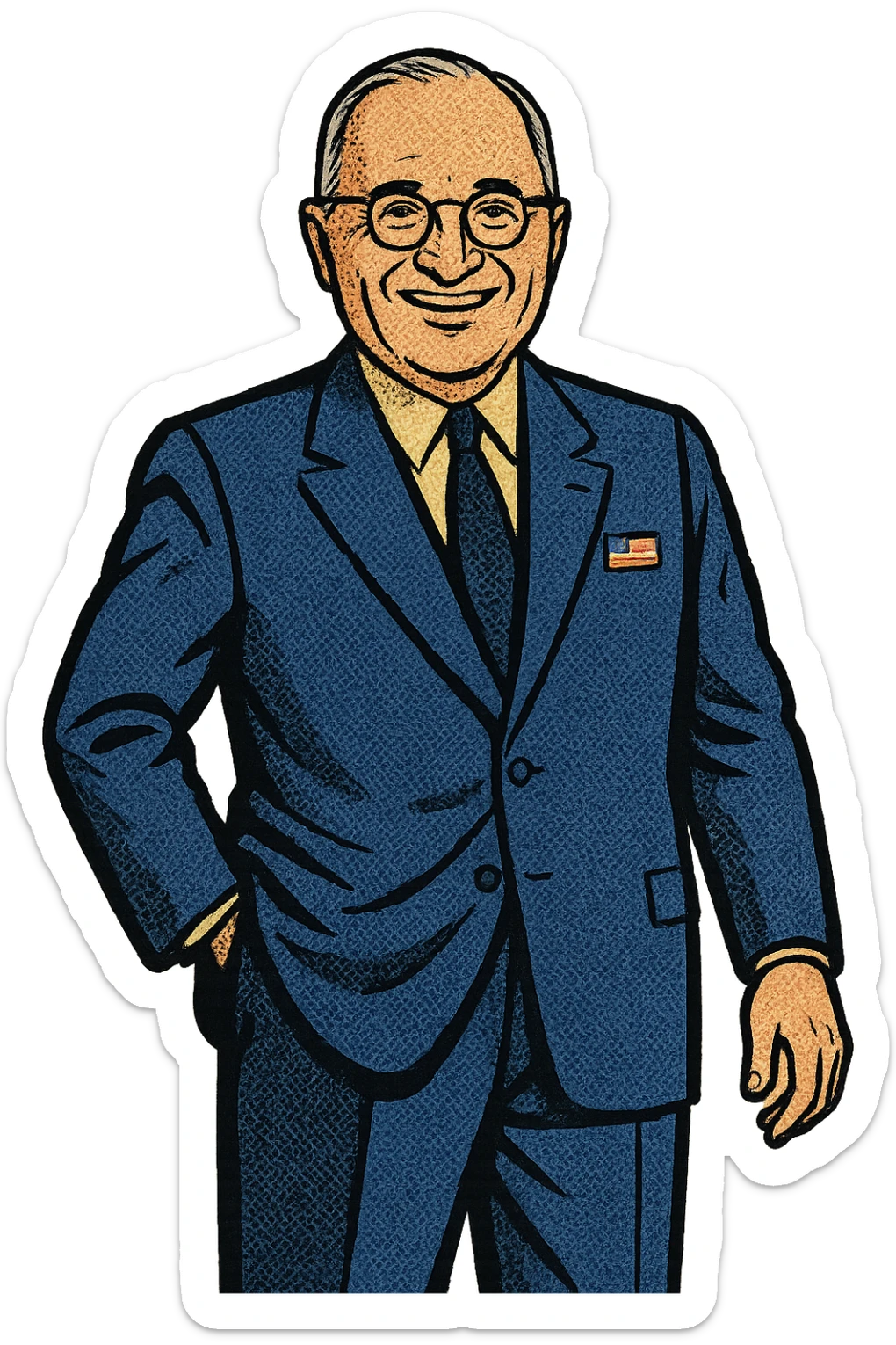 A full body image of a leader who looks like President Truman who is smiling, wearing a blue suit with a pale yellow shirt with an American Flag badge sticker