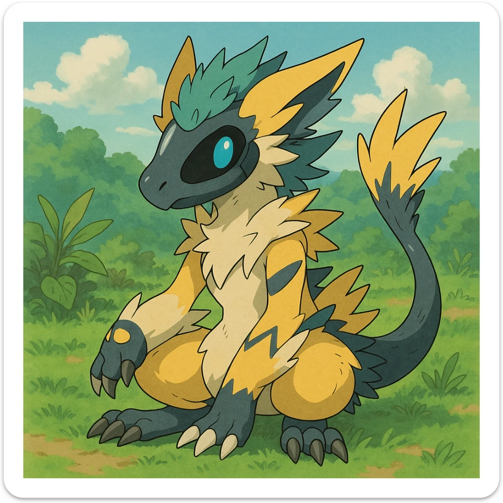 Sergal-Protogen-Trico-Zeraora-Vernid-fusion-hybrid-creature, drawn in a Pokémon/Digimon style sticker