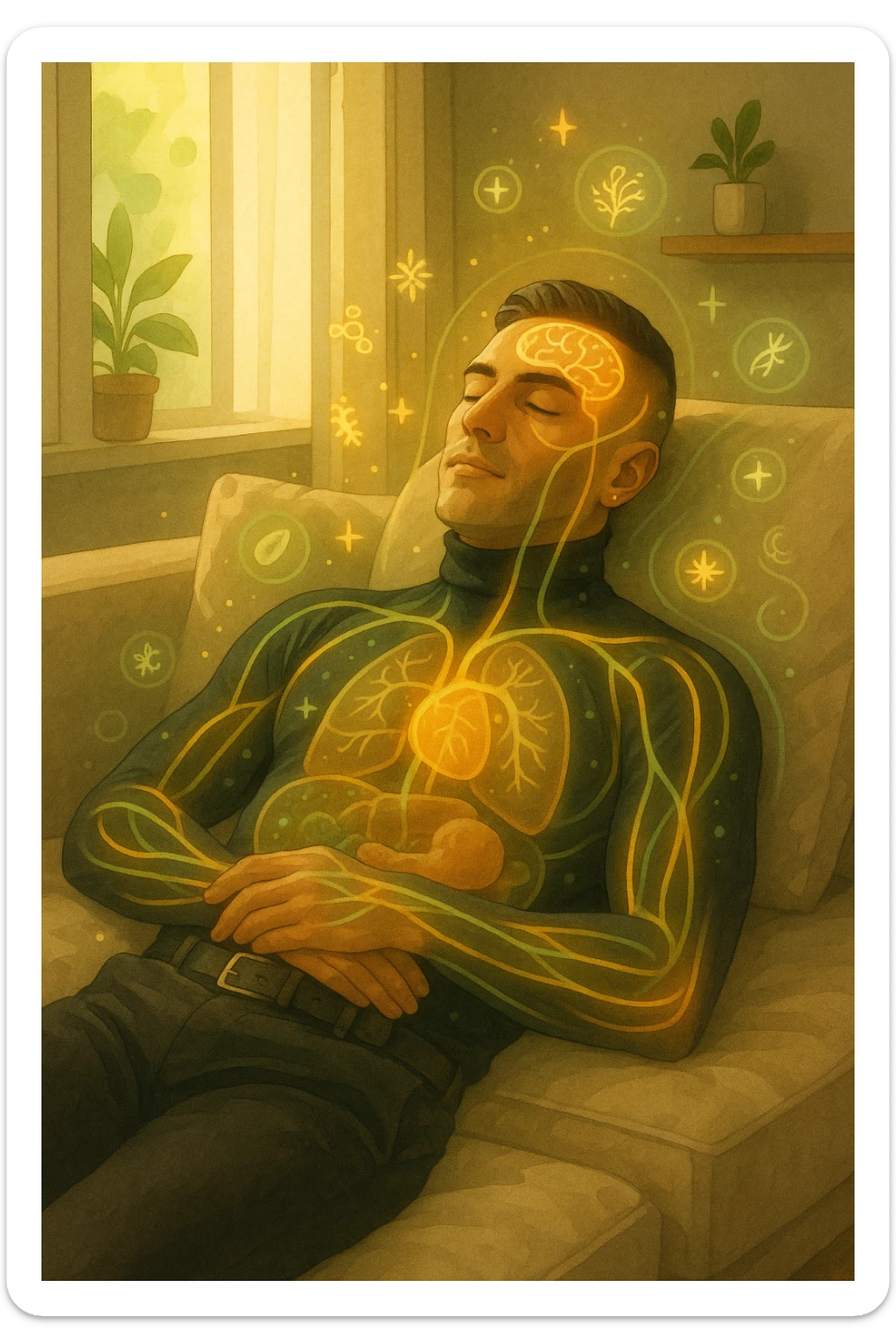 Uomo sdraiato su un divano nel primo pomeriggio, mentre fa un breve riposino. Il suo corpo appare parzialmente trasparente o stilizzato, con luce calda e flussi energetici dorati e verdi che scorrono attraverso muscoli, cervello, e organi. Intorno a lui si vedono piccoli simboli di rigenerazione: cellule che si rinnovano, tessuti che si illuminano, aura rilassata. L'ambiente è calmo e ordinato, luce naturale che entra da una finestra, atmosfera rigenerante, stile realistico con accenti metaforici. sticker
