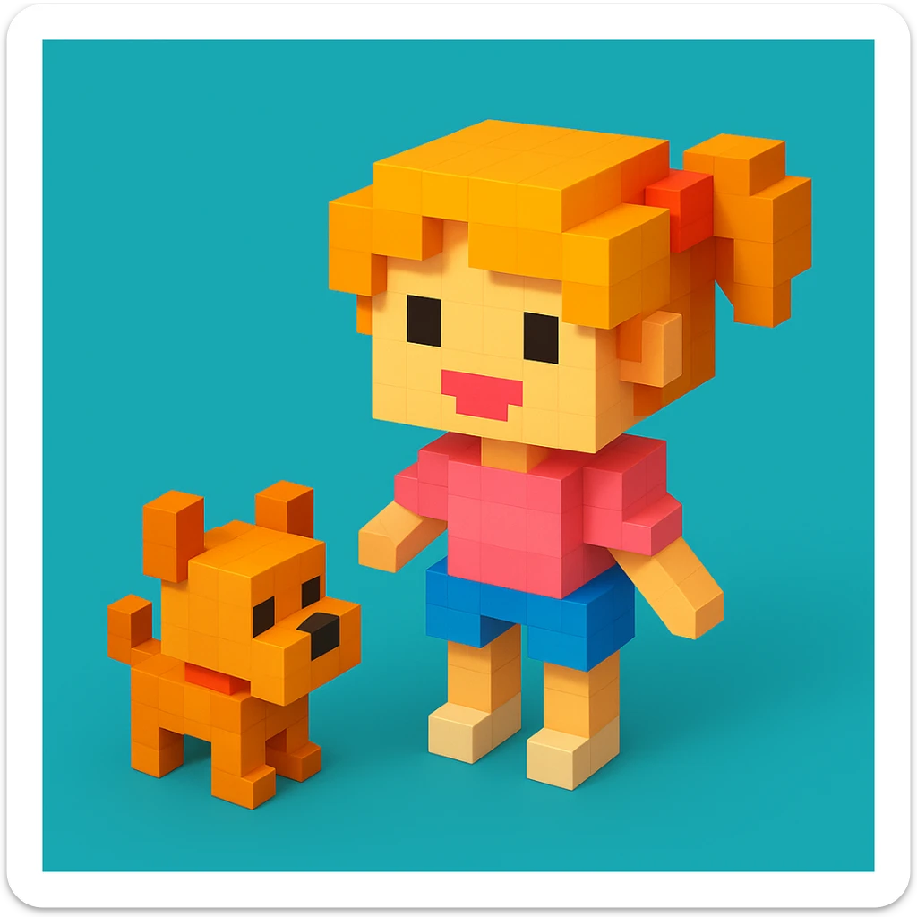 create a voxel style 3d image girl and  her dog, colored background sticker