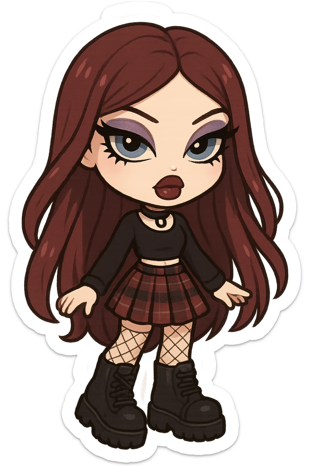 bratz-inspired emo girl, burgundy long hair, pale skin, blue eyes, dramatic eyeliner, plaid skirt and chunky boots, chibi sticker style sticker