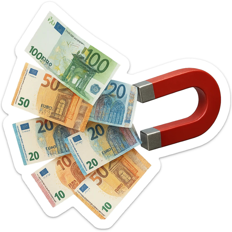banconote di euro fluttuano vicino ad una calamita rossa, sono attratte, iperrealistico 4k sticker