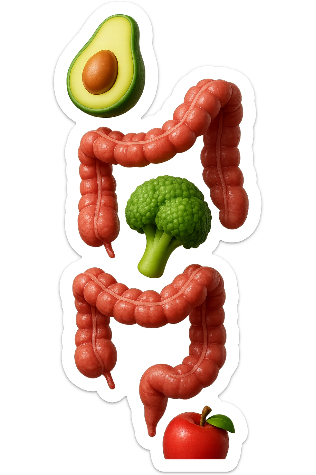emoji stile iphone in 3d di cibo sano che fluttua in aria vericalmente insieme ùa pezzi di colon umano anatomico, iperrealistico 4k sticker