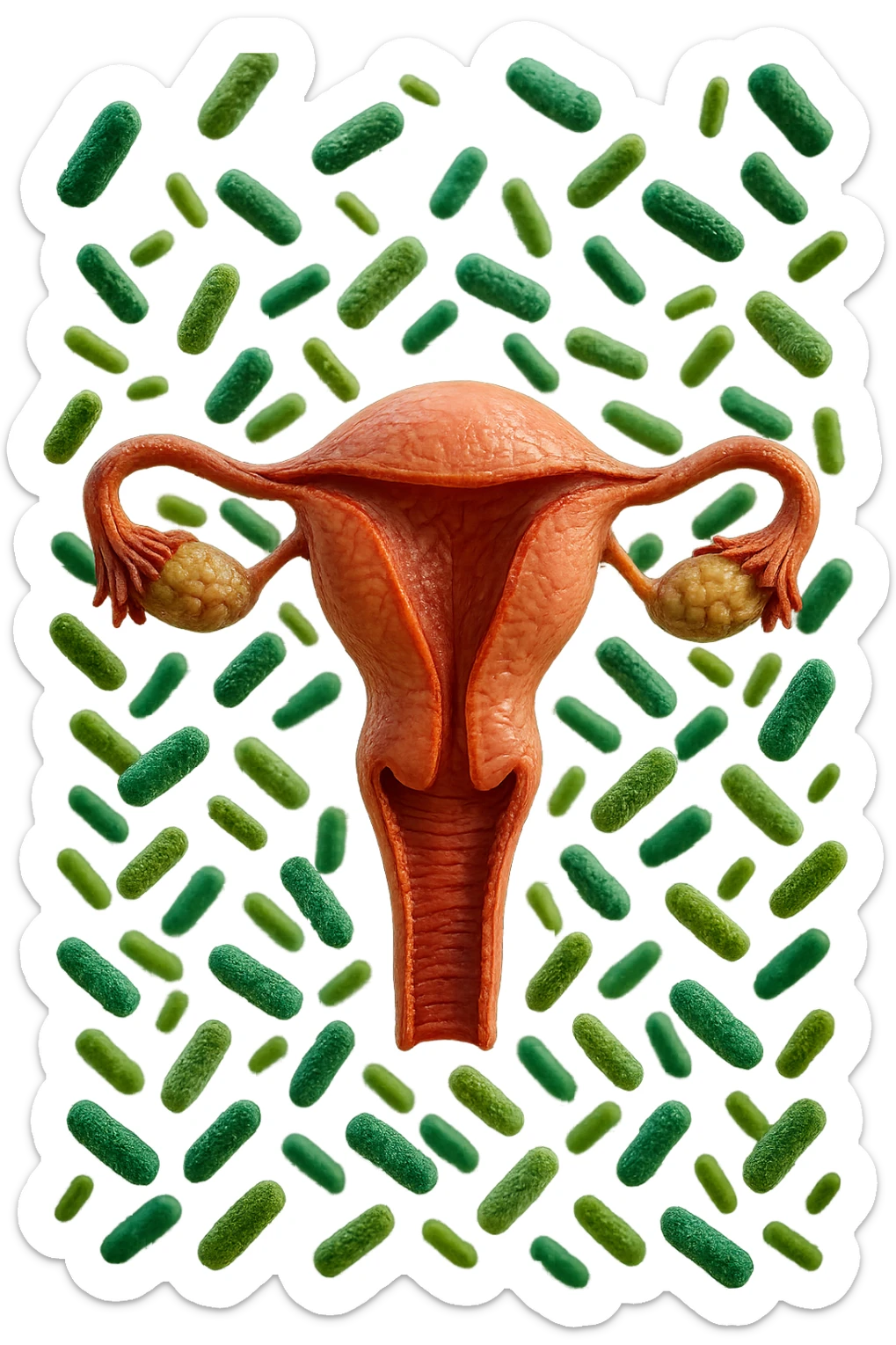 batteri intestinali fluttuano intorno ad un utero umano anatomico, iperrealistico 4k sticker