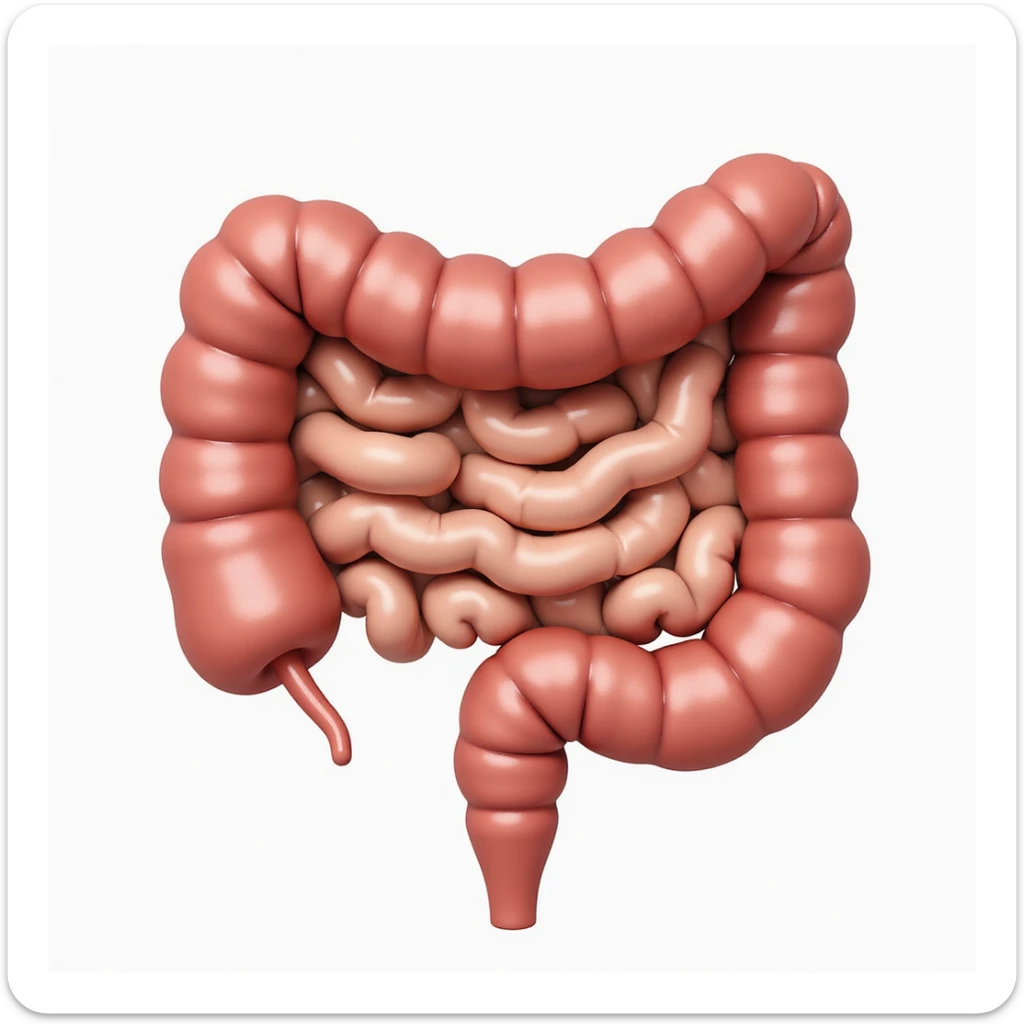 healthy human intestine, anatomical, detailed front view, smooth walls, healthy color, realistic illustrative style, neutral background sticker