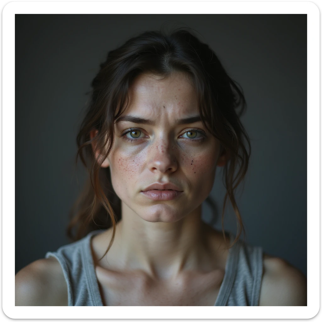 hyperrealistic 4K portrait of a woman with PCOS showing signs of chronic fatigue: pale face, pronounced dark circles, exhausted expression, mild acne, chin hair, thin hair, tired posture, realistic environment sticker