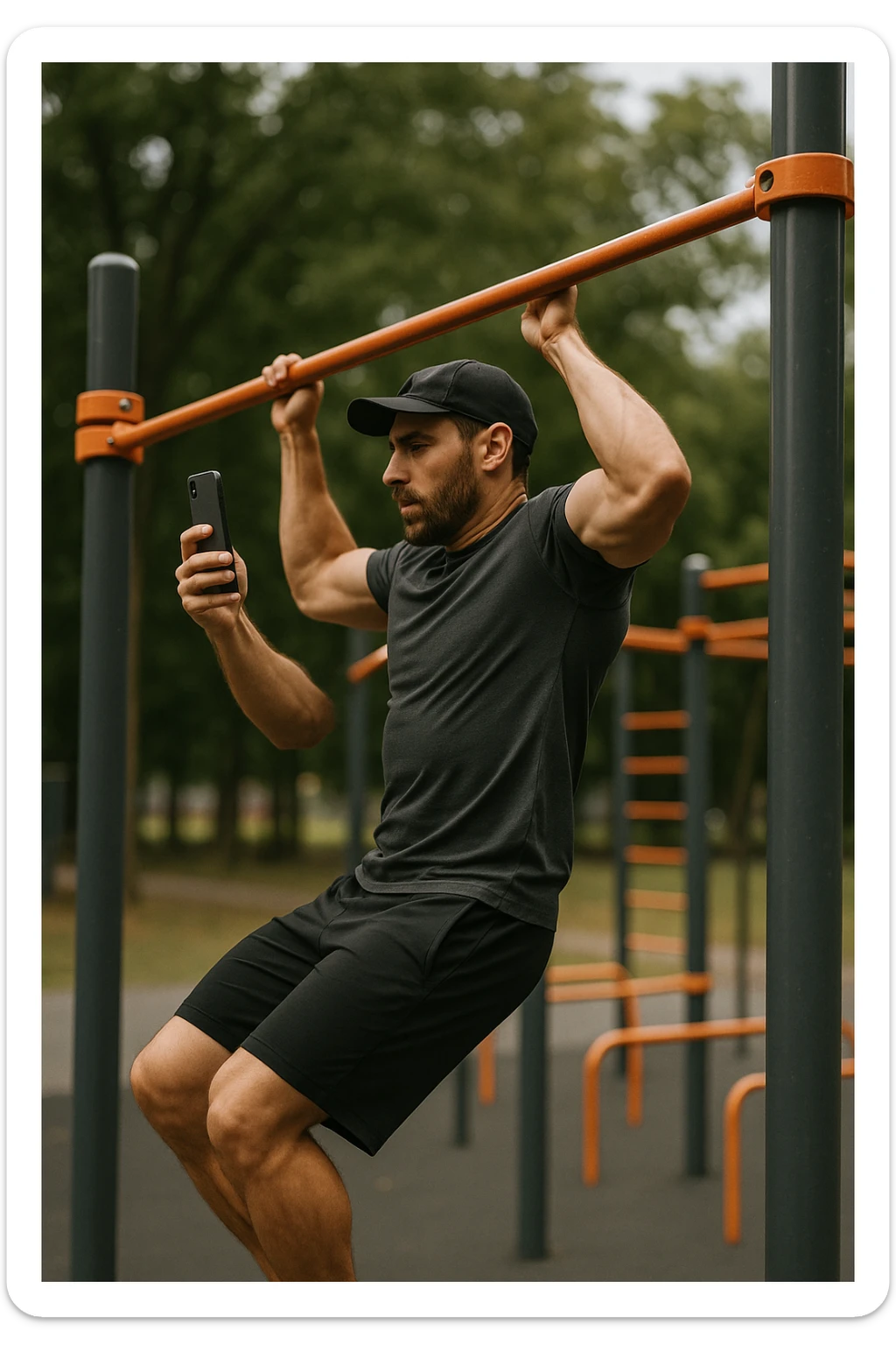 uomo che fa Muscle up e si sta filmando di lato con il telefonino che lo riprende mentre si allena, così da analizzarsi dopo sticker