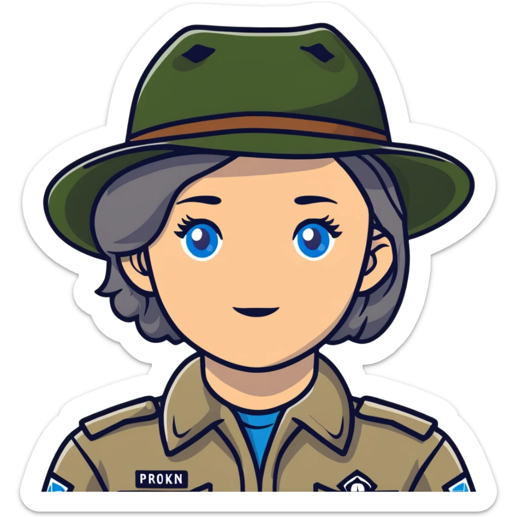 white woman park ranger with gray and brown hair, blue eyes sticker