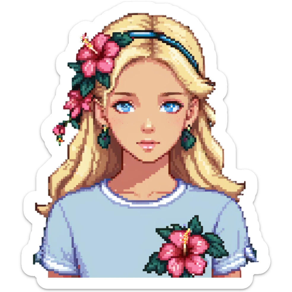 preppy coastal teen girl with blue eyes, beach blonde hair, tan skin, hibiscus flower in her ear, preppy beach outfit sticker