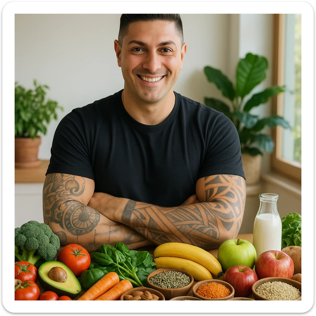 Create a realistic image of a man with the face and appearance of the person in the reference photo, standing in front of a table with a variety of foods representing a diverse and sustainable diet: fruits, vegetables, whole grains, legumes, seeds, nuts, and some local products. The tone should be positive, natural, and healthy. sticker
