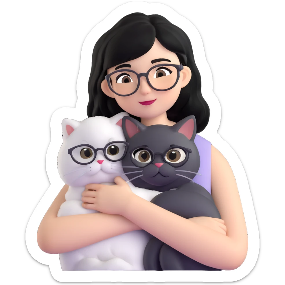 Skinny woman with oval glasses, shoulder length straight black hair, wearing white sleeveless top, hugging a grey Persian-Angora cat, plain background sticker