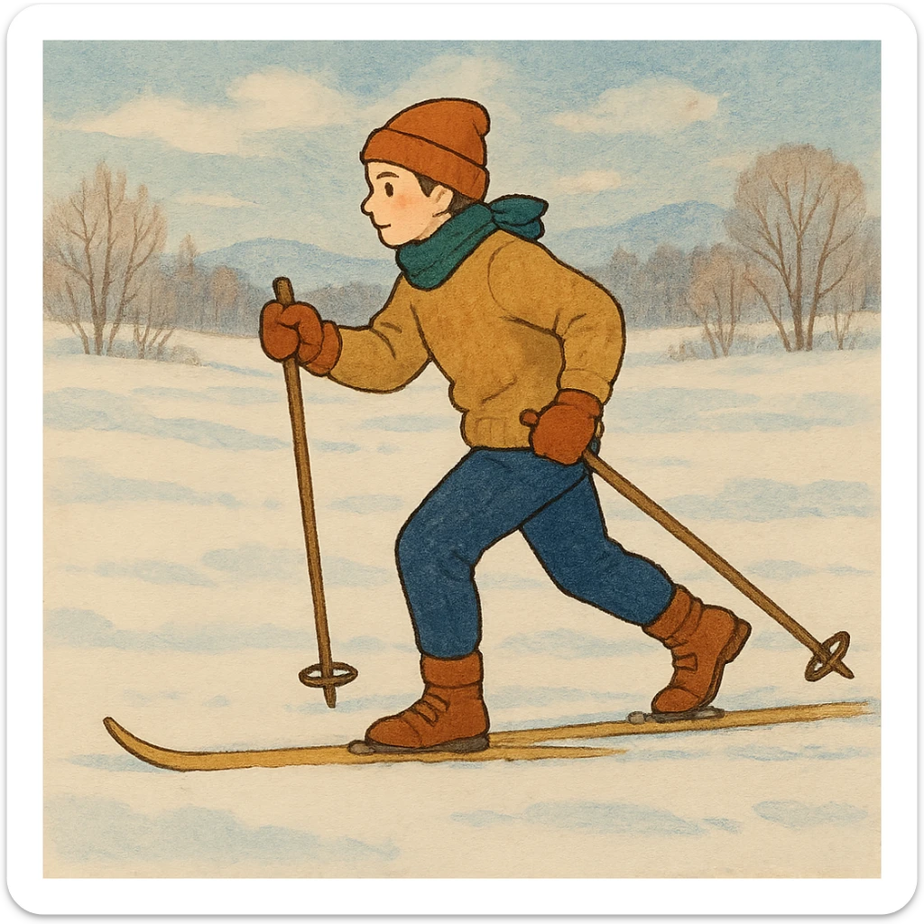 Ghibli style icon of a cross-country skier, serene snowy field, detailed clothing, gentle animation feel sticker