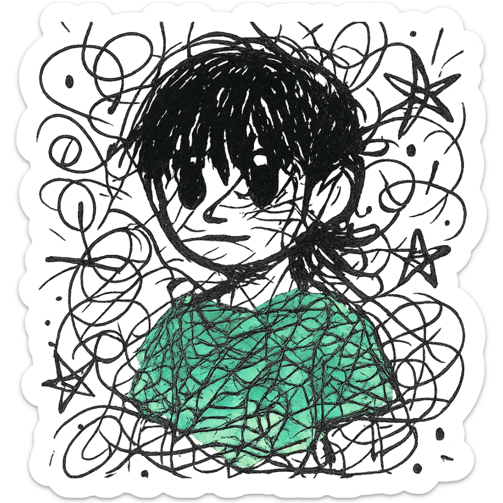 A boy with straight bangs covering his eyebrows, long hair at the back, black eyes, and brownish-black hair, wearing a green shirt the color of brilliant green antiseptic. sticker