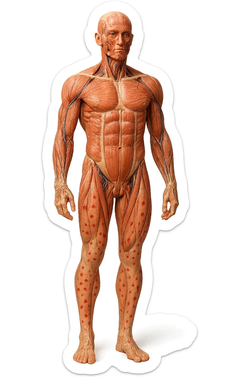 corpo umano anatomico a figura intera con red spot sparsi sulle gambe, iperrealistica in 3d sticker