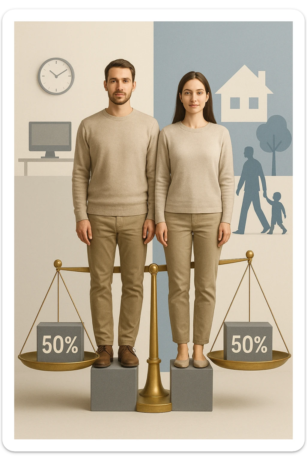 Uomo e donna in piedi l’uno accanto all’altra, al centro di una bilancia perfettamente in equilibrio. Entrambi vestiti in modo simile (moderno e neutro), con espressioni serene e rispettose. Sotto i loro piedi, due blocchi con scritto '50%' ciascuno. Sullo sfondo, elementi divisi simmetricamente: lavoro, famiglia, tempo libero, rappresentati equamente da entrambi. Atmosfera armoniosa, illuminazione equilibrata, colori neutri e simbolici (bianco, grigio, blu e oro). Stile realistico con accento simbolico sul concetto di equità sticker
