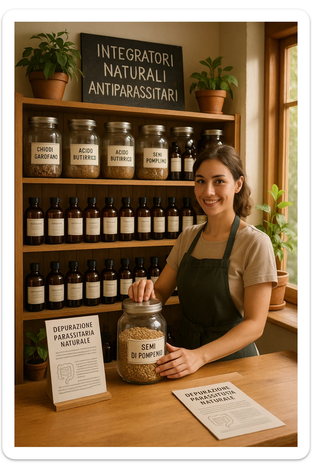 A realistic, well-lit herbal supplement store interior with wooden shelves neatly displaying glass jars and bottles labeled as ‘Chiodi di Garofano’, ‘Acido Butirrico’, and ‘Semi di Pompelmo’, organized in a clean and aesthetic manner. Small handwritten chalkboard signs indicate ‘Natural Antiparasitic Supplements’ above the section. The environment feels warm and trustworthy, with potted green plants adding freshness and a subtle sunlight entering through a window. A young shop assistant with a welcoming smile arranges the products, while informational leaflets about natural parasite cleansing are visible on a wooden counter, creating a holistic and health-conscious atmosphere in Italiano sticker