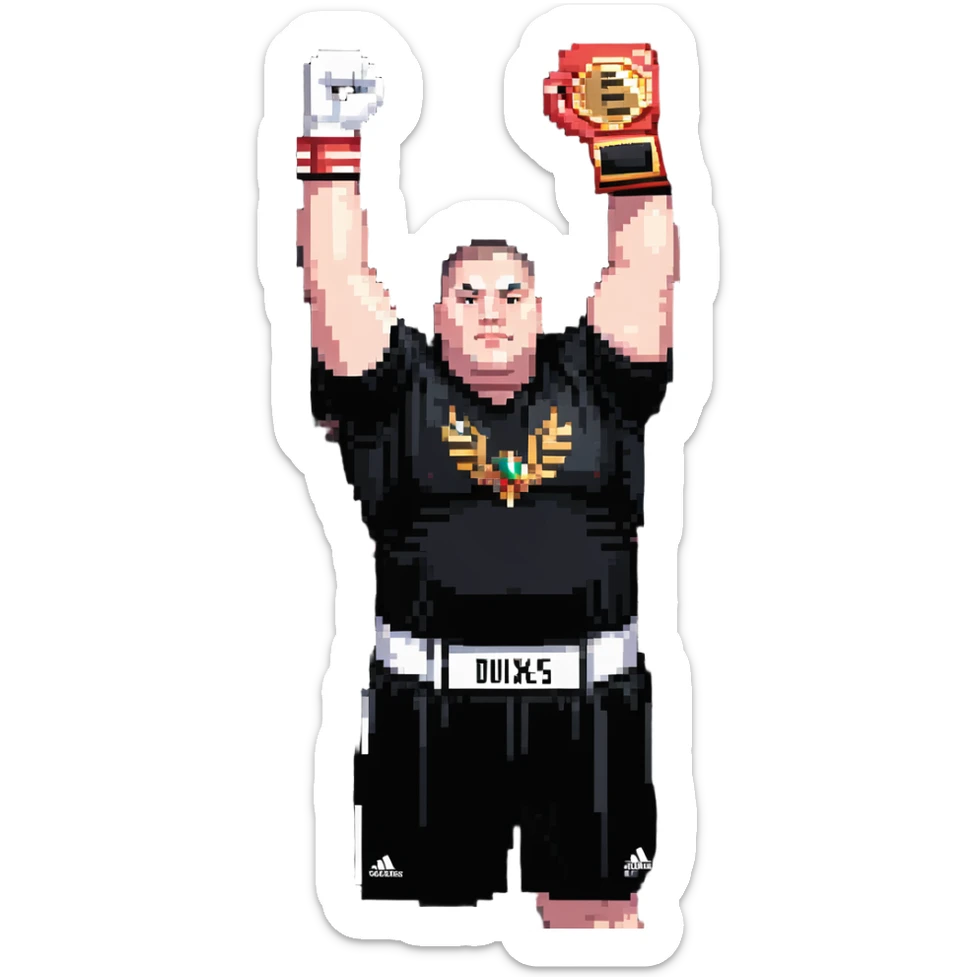 white man with dark hair, dark eyes, buzzcut faded haircut, overweight 100kg boxer, chubby face, stocky build, wearing full black clothes, black adidas boxing gloves, victory pose with arms raised, holding championship belt, upper body only no legs visible, highly pixelated sticker