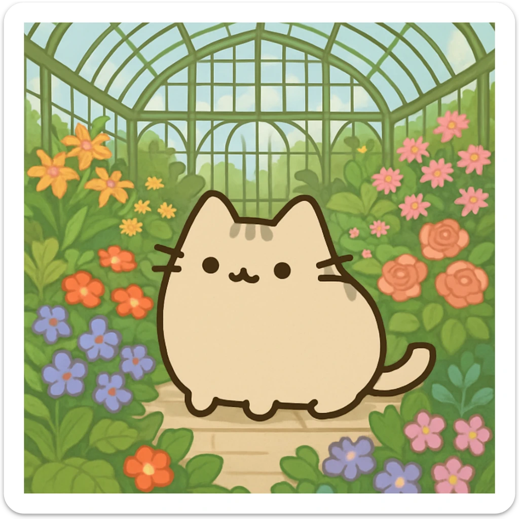beige blonde pusheen-style kitten in a botanical garden greenhouse filled with flowers sticker