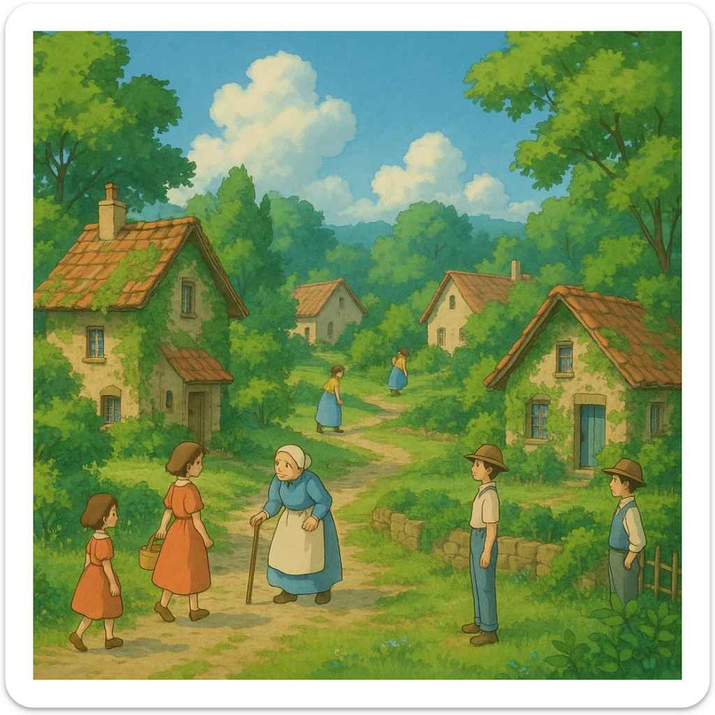 ghibli style peaceful village scene with lush greenery, villagers, and cozy homes sticker