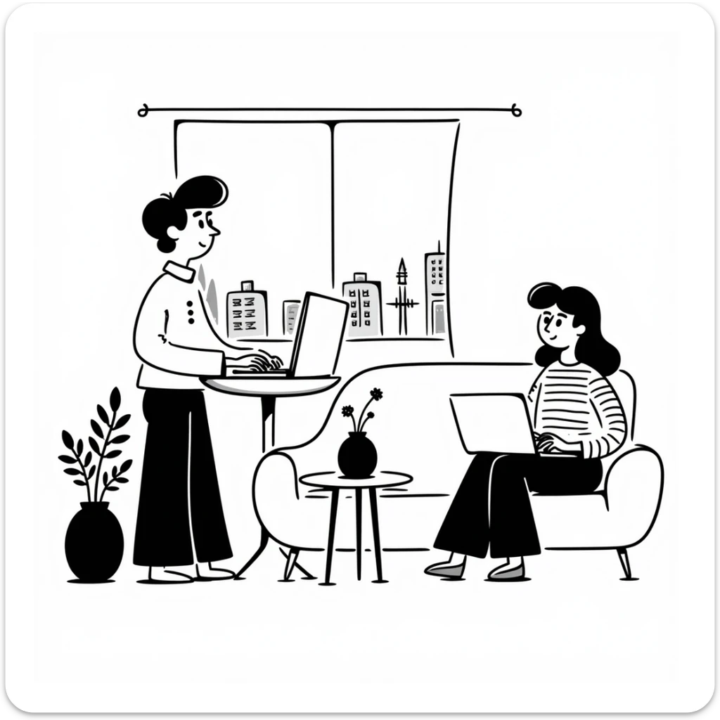 escenary 3d of a cozy mid-century living room with two people working on laptops, one man standing at a desk and one woman sitting on a couch sticker