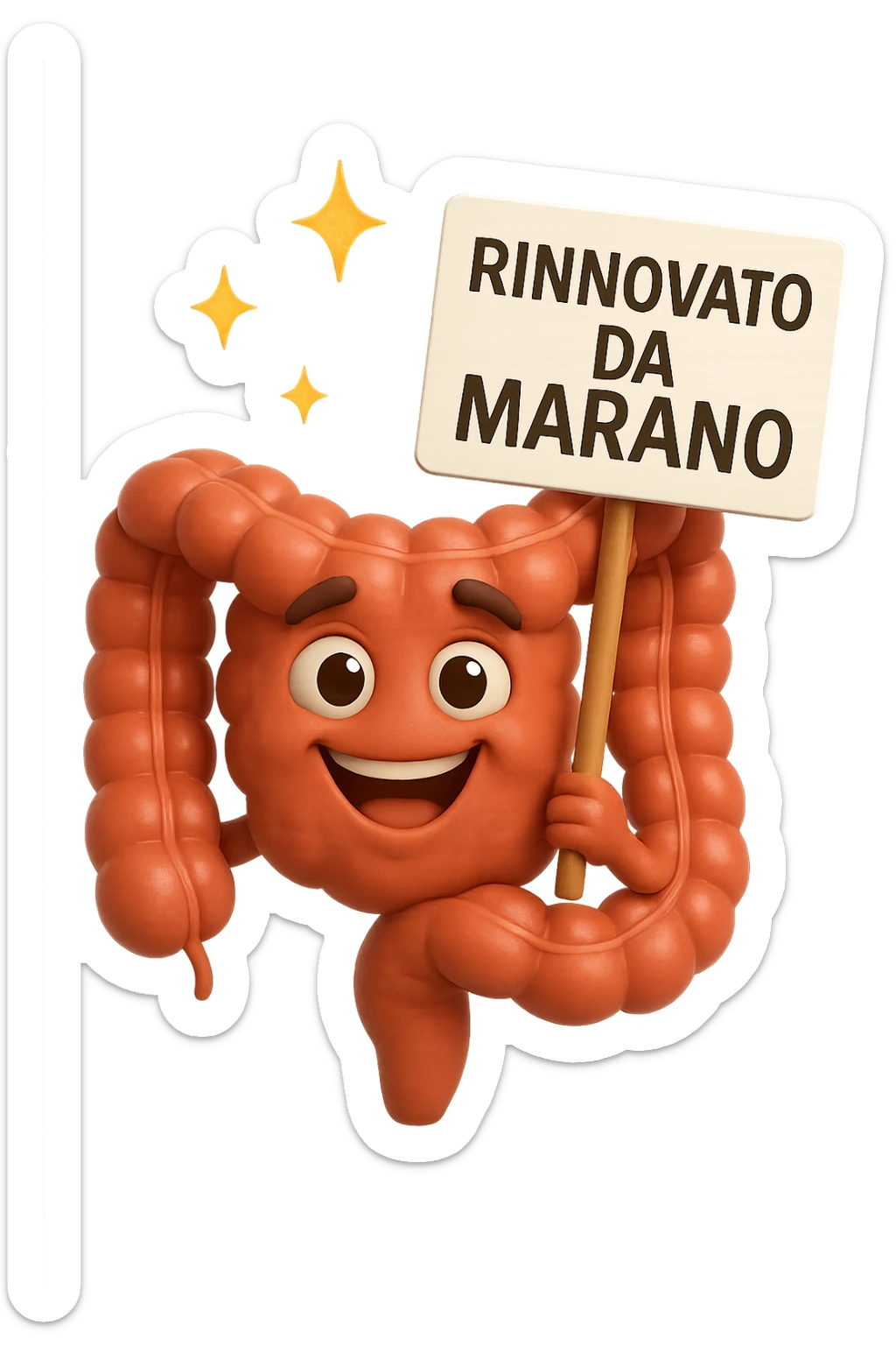 fammi un intestino identico a questo, ma felice e con le scintille di splendore dorate sopra, si sta rinnovando come se fosse in ottima salute, in mano ha un cartello con la scritta "RINNOVATO DA MARANO" sticker
