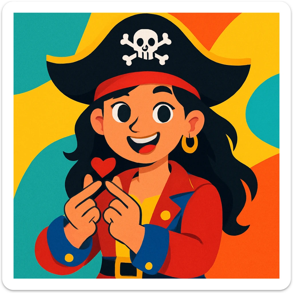 a girl pirate with black hair doing a Korean heart sign with her hands, vibrant and playful sticker