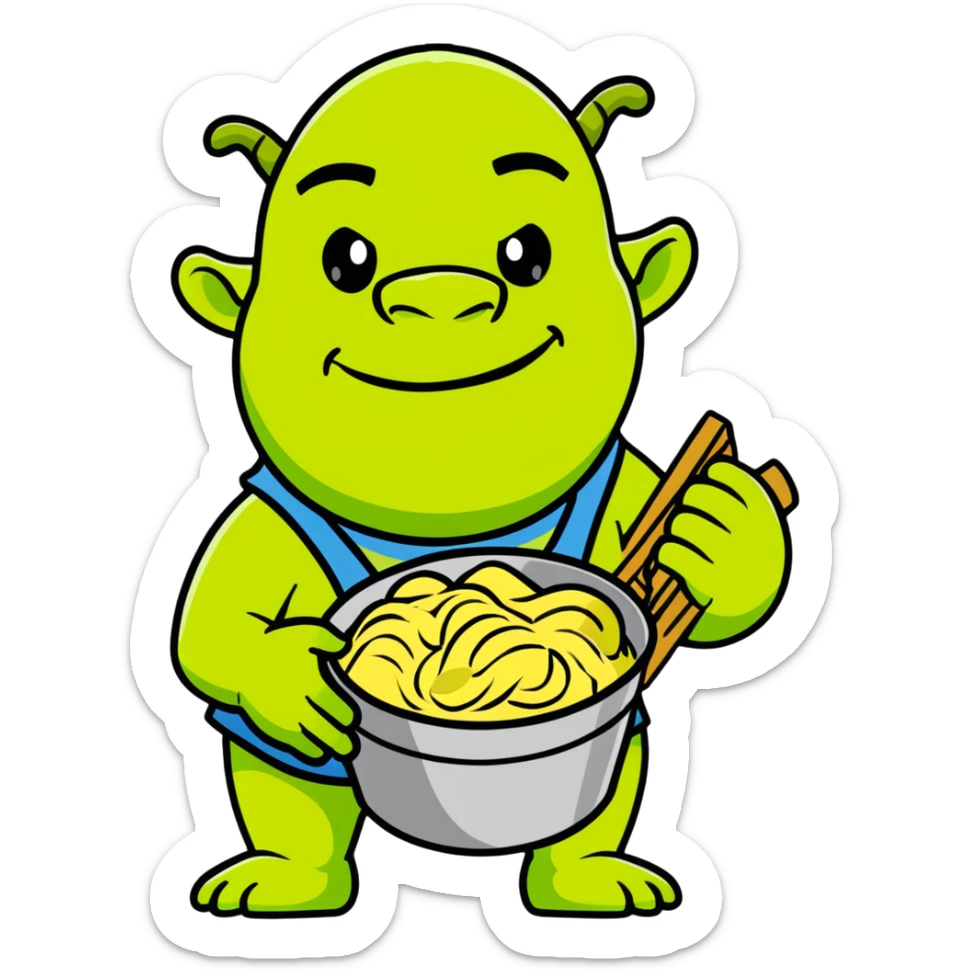 Shrek the green ogre holding a bucket of carbonara pasta sticker