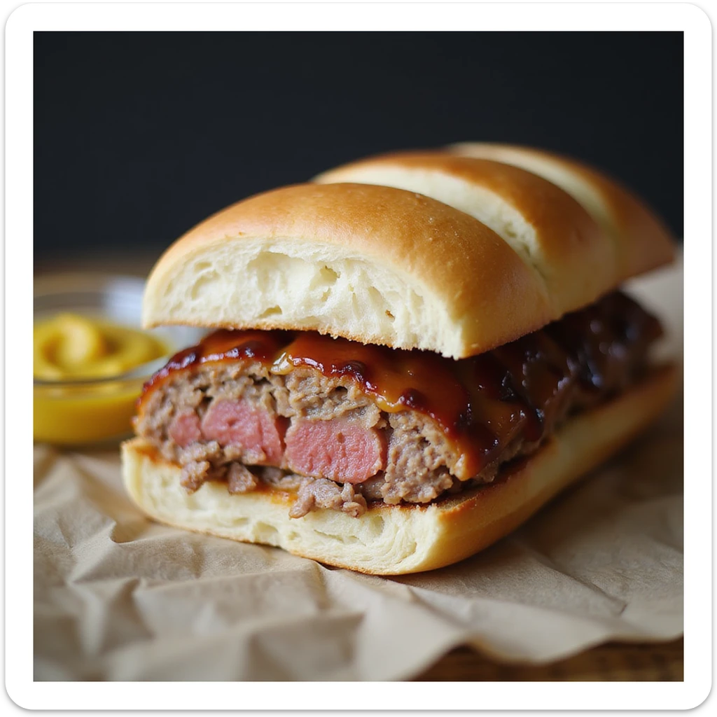 Hearty Bavarian Leberkäse sandwich: thick slice of baked meatloaf with golden-brown crust and pink inside in a round, crusty, lightly floured white roll, with sweet mustard on the side. Traditional German deli style. sticker