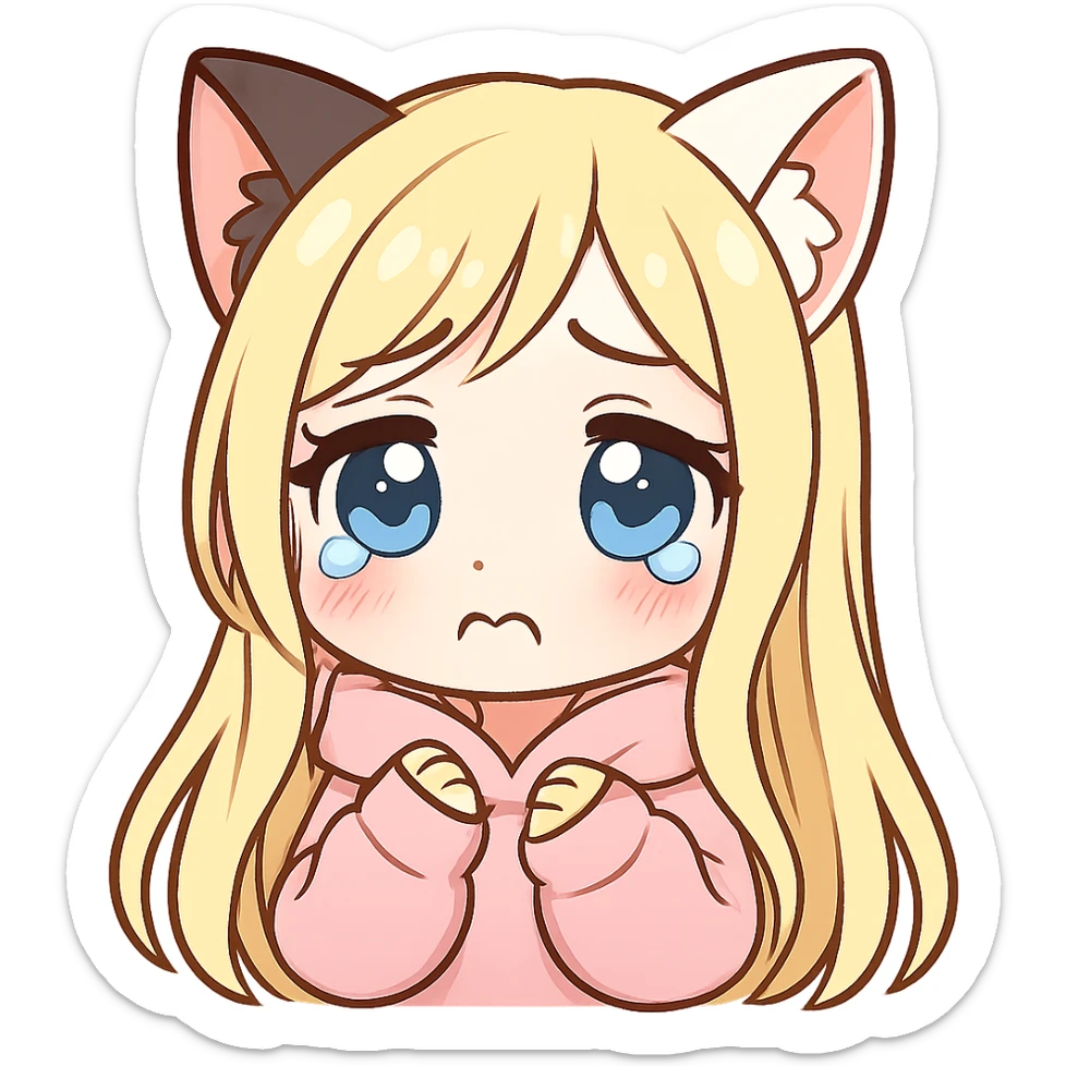 extra cute, extra chibi anime catgirl Twitch emote, one black cat ear and one white cat ear, blonde extremely long hair, blue eyes, white skin, pastel pink hoodie, sad expression, no background sticker