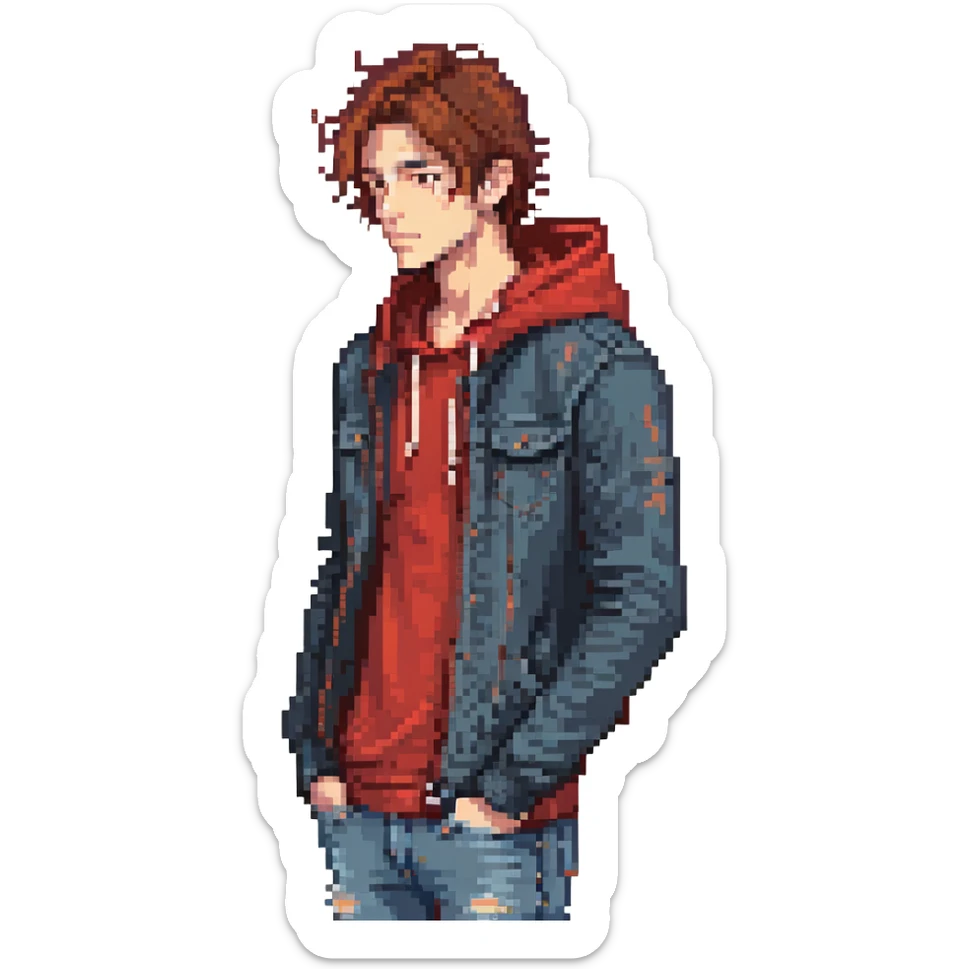 Pixel art character, young man with dark jacket, red hoodie, brown messy hair, jeans, scar on left eyebrow, confident face, retro arcade sprite style, side view sticker