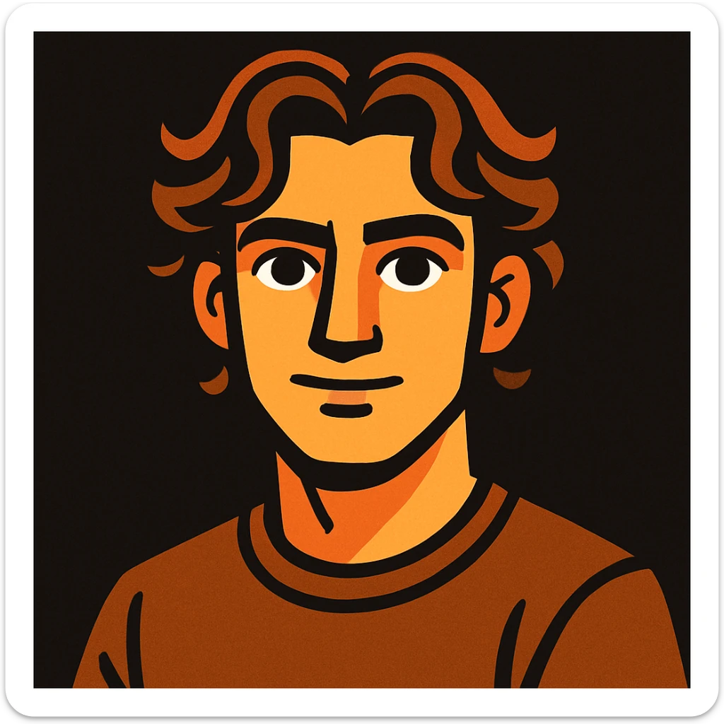 male character with wavy hair parted in the middle, brown eyes, firm straight jaw, slightly medium nose, wearing a brown t-shirt on a black background sticker